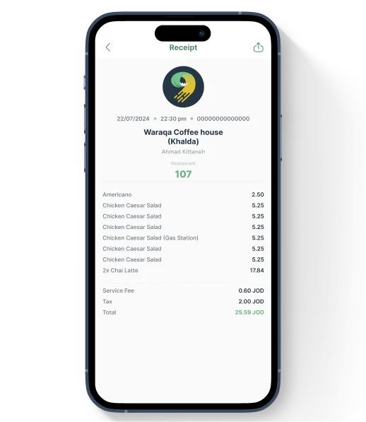 A digital receipt from Loyverse displayed in the Waraqa app
